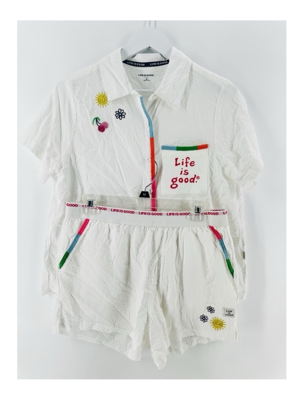 Life Is Good Sleep Set Seersucker Embroidered Rainbow Pajama Top & Shorts White - Picture 12 of 12